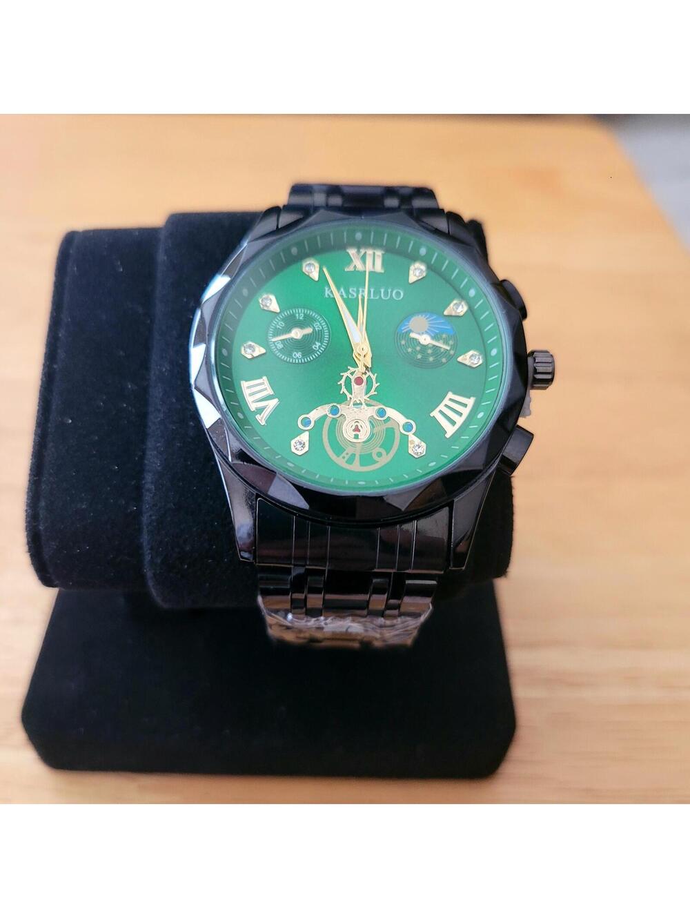 Kaasrluo Automatic Men's Black Stainless Steel Watch with Green Dial